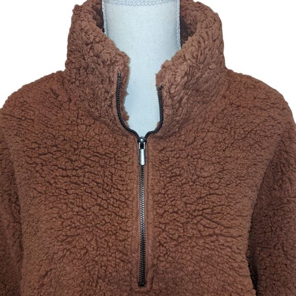 NEW NINE WEST SHERPA TEDDY 3/4 ZIP JACKET PULLOVER SIZE MEDIUM BROWN SWEA… - Picture 2 of 4